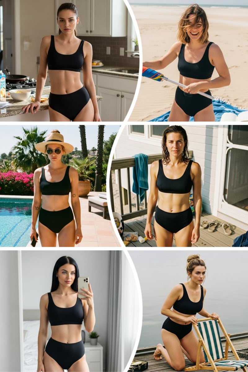 Tempt Me Women Black Two Piece Scoop Neck Bikini Crop Top Swimsuit Sporty High Waisted Bathing Suit Suit M - Image 4
